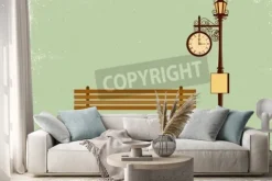 Naklejka: Street clock and lamp post with park bench in vintage vector