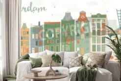 Naklejka: Streszczenie amsterdam panoramę miasta z kolorowymi budynkami.