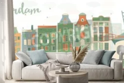 Naklejka: Streszczenie amsterdam panoramę miasta z kolorowymi budynkami.