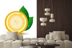 Naklejka: Streszczenie cytryny z liśćmi i krople na białym tle