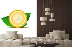 Naklejka: Streszczenie cytryny z liśćmi i krople na białym tle