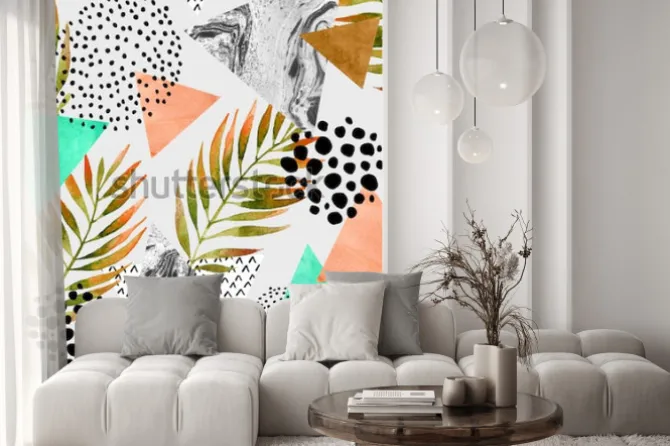 Naklejka: Streszczenie lato geometryczny wzór. trójkąty z liśćmi palmowymi