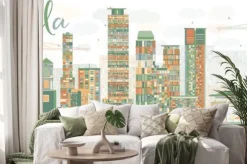 Naklejka: Streszczenie manila skyline z kolorowymi budynkami.