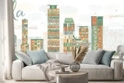 Naklejka: Streszczenie manila skyline z kolorowymi budynkami.