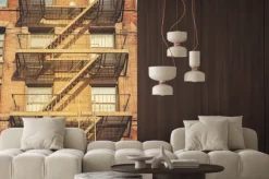 Naklejka: Styl retro zdjęcie budynku z drabiny pożarnicze ewakuacyjnych,