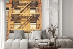 Naklejka: Styl retro zdjęcie budynku z drabiny pożarnicze ewakuacyjnych,