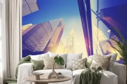 Naklejka: Styl vintage manhattan drapacze chmur o zachodzie słońca, nowym