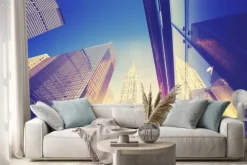 Naklejka: Styl vintage manhattan drapacze chmur o zachodzie słońca, nowym