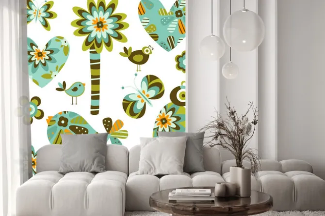 Naklejka: Stylu retro elementy: kwiaty, motyle, ptaki