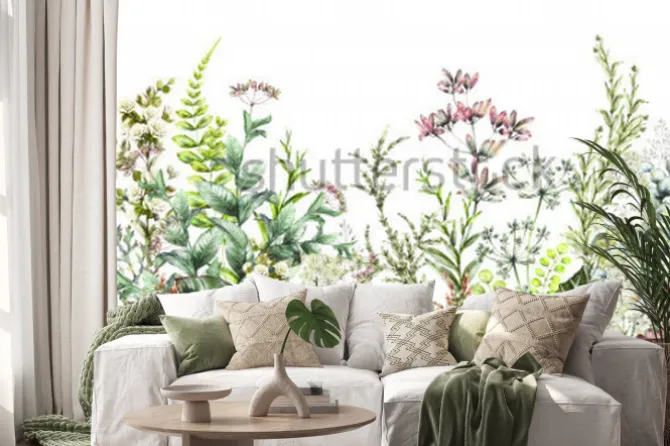 Naklejka: Subtelne dzikie zioła i kwiaty na białym tle