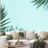 Naklejka: Summer composition. palm leaves on pastel blue background. summer