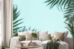 Naklejka: Summer composition. palm leaves on pastel blue background. summer