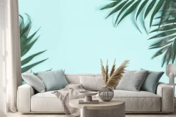 Naklejka: Summer composition. palm leaves on pastel blue background. summer