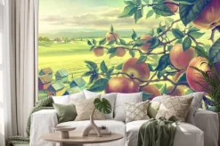 Naklejka: Summer landscape with apple branches. digital paint.