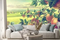 Naklejka: Summer landscape with apple branches. digital paint.