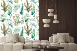 Naklejka: Summer palm tree, cactus and banana leaves seamless pattern.