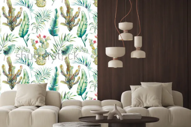 Naklejka: Summer palm tree, cactus and banana leaves seamless pattern.