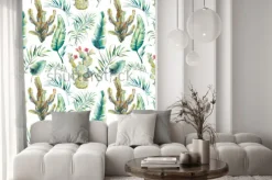 Naklejka: Summer palm tree, cactus and banana leaves seamless pattern.