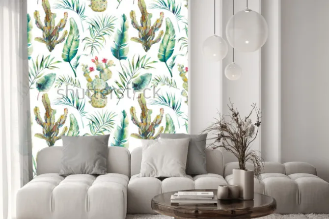 Naklejka: Summer palm tree, cactus and banana leaves seamless pattern.