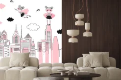 Naklejka: Supergirls cartoon characters in the city fly above and stand