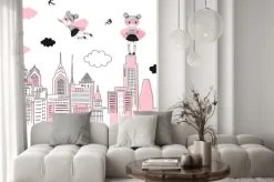 Naklejka: Supergirls cartoon characters in the city fly above and stand