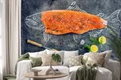 Naklejka: Surowe ryby łososia stek z dodatkami takimi jak cytryny, pieprz,