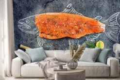 Naklejka: Surowe ryby łososia stek z dodatkami takimi jak cytryny, pieprz,