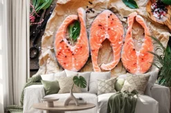 Naklejka: Surowe steki z łososia z świeże zioła, sól i pieprz corns. overhead