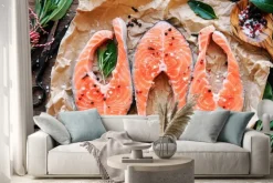 Naklejka: Surowe steki z łososia z świeże zioła, sól i pieprz corns. overhead