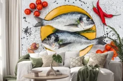 Naklejka: Surowe świeże ryby dorado na żółty talerz i warzyw na białym