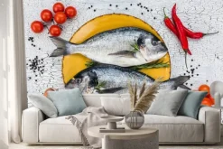 Naklejka: Surowe świeże ryby dorado na żółty talerz i warzyw na białym