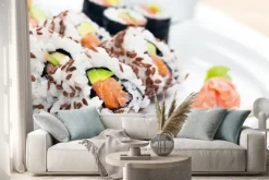 Naklejka: Sushi z łososia, awokado, ryż w wodorostów podawane z wasabi