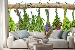 Naklejka: Suszone zioła kuchenne wiszące na drewnianej gałęzi