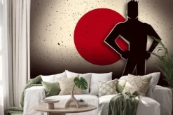 Naklejka: Sylwetka ilustracja człowiek stojący przed japonii flaga