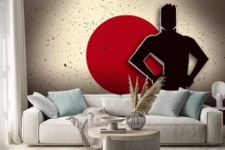 Naklejka: Sylwetka ilustracja człowiek stojący przed japonii flaga