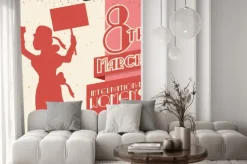 Naklejka: Sylwetka kobiety maszerujących w dzień kobiet retro plakat, ilustracja