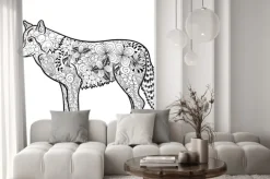 Naklejka: Sylwetka wilka z kwiatowymi ornamentami