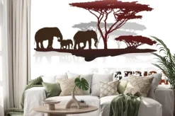 Naklejka: Sylwetki drzew afryki i słoni