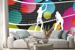 Naklejka: Sylwetki siatkarek na tle w groszki