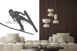 Naklejka: Sylwetki skokowa narciarka na białym tle. ilustracja zdjęcie.