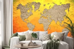 Naklejka: Szara mapa świata na tle w kolorze pomarańczowym