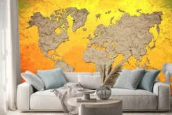 Naklejka: Szara mapa świata na tle w kolorze pomarańczowym