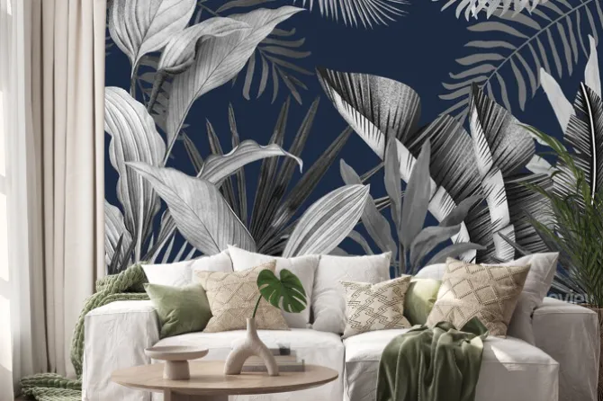 Naklejka: Szare tropikalne liście na granatowym tle