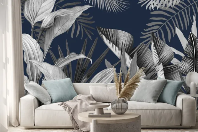 Naklejka: Szare tropikalne liście na granatowym tle