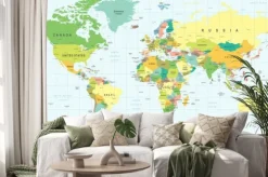 Naklejka: Szczegółowa kolorowa mapa świata z siatką geograficzną