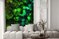 Naklejka: Sześciokąt bokeh zielone tło odzwierciedlenie w powierzchni wody.