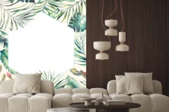 Naklejka: Sześciokąt ramek tropikalnych roślin. ręcznie rysowane karty