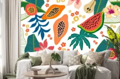 Naklejka: Szeroki kwiatowy wzór z tropikalnych owoców i liści.