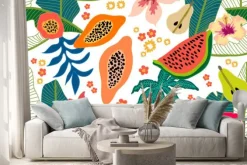 Naklejka: Szeroki kwiatowy wzór z tropikalnych owoców i liści.