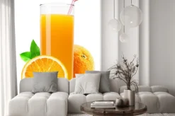 Naklejka: Szklanka soku pomarańczowego na białym tle